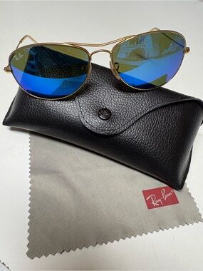 Ray-Ban Gold Frame Sunglasses with Blue Mirrored Lenses